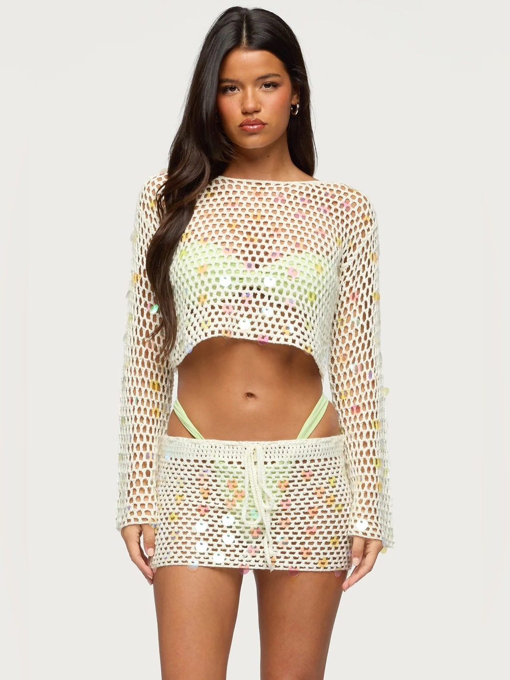 NWT KIRAH SEQUIN CROCHET KNIT CREAM White 2 Pc Cover-Up Set Iridescent Accents